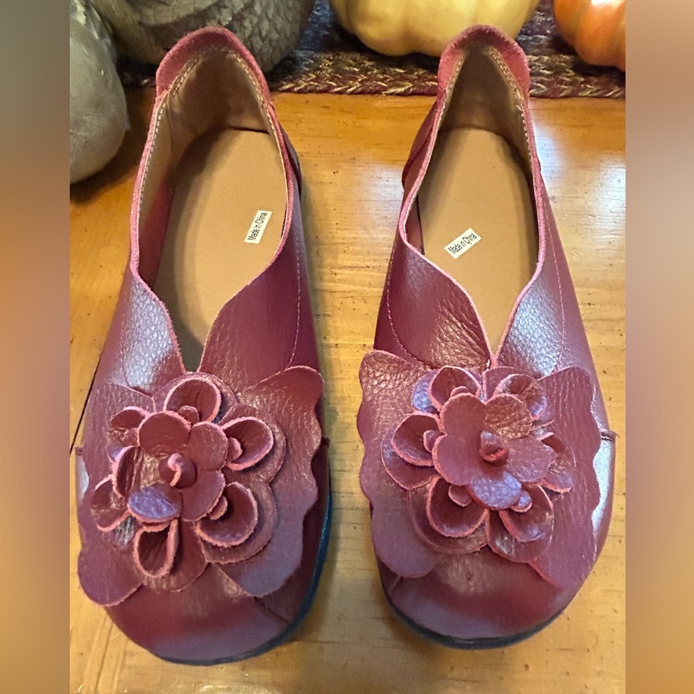 Burgundy Floral Women's Slip On Shoes